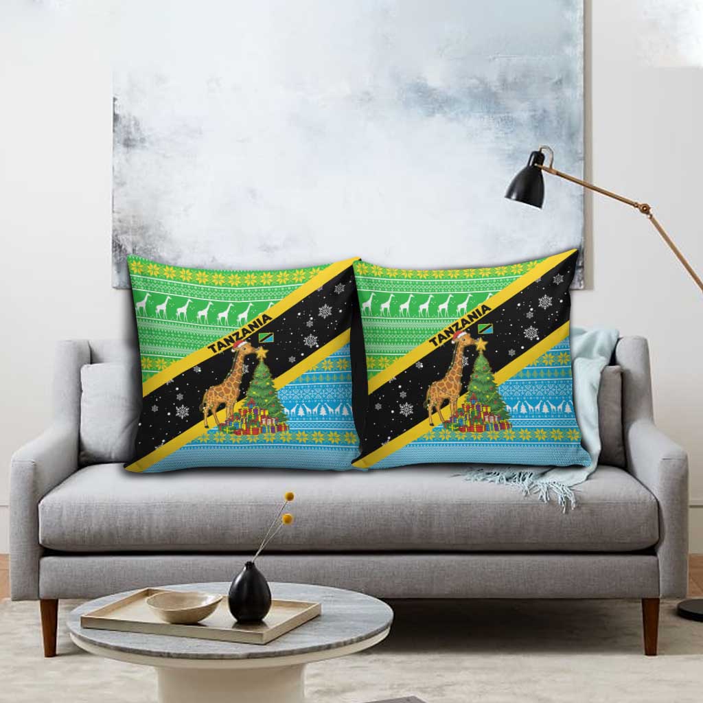 Tanzania Christmas Pillow Cover with Giraffe Christmas Tree Snowflakes and Flag - Wonder Print Shop