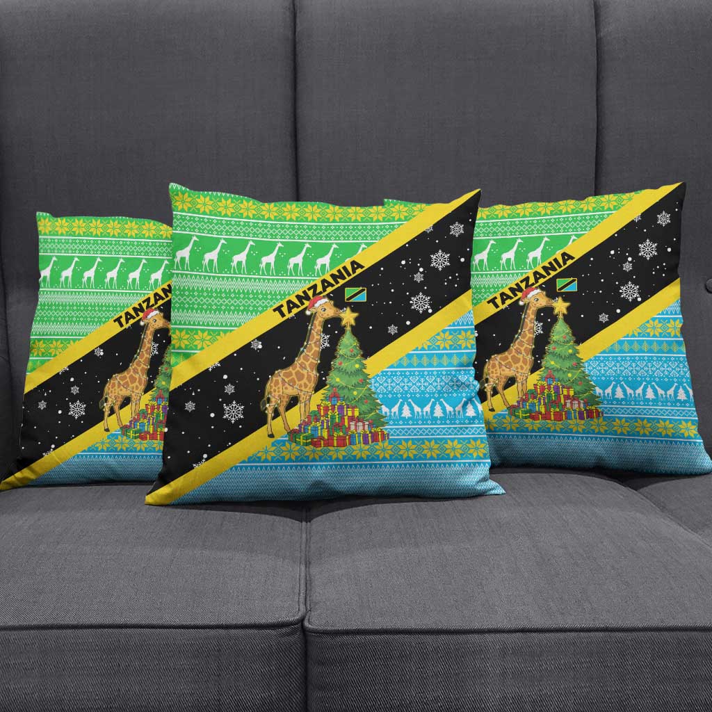 Tanzania Christmas Pillow Cover with Giraffe Christmas Tree Snowflakes and Flag - Wonder Print Shop