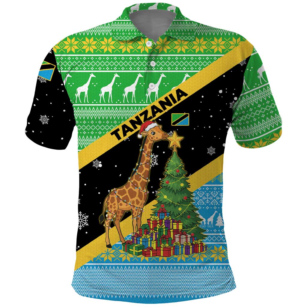 Tanzania Christmas Polo Shirt with Giraffe Christmas Tree Snowflakes and Flag - Wonder Print Shop