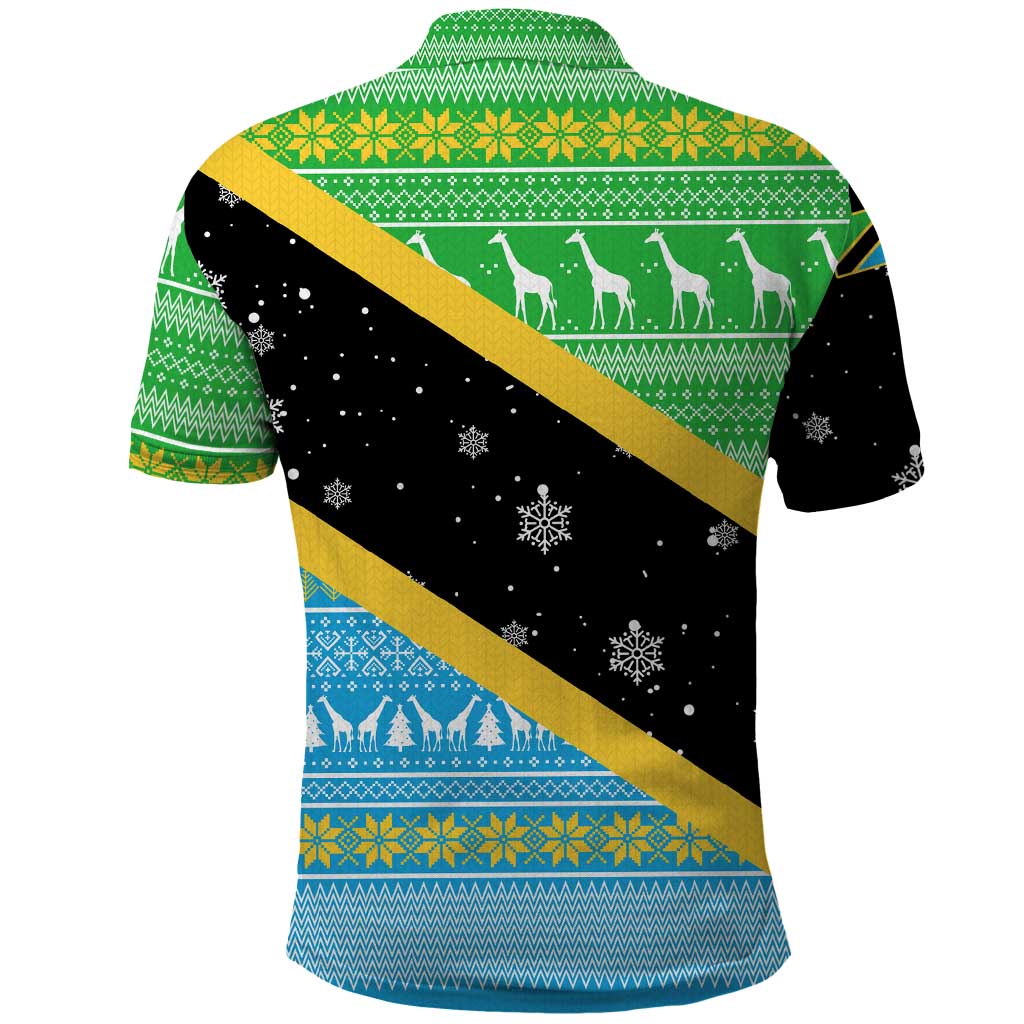 Tanzania Christmas Polo Shirt with Giraffe Christmas Tree Snowflakes and Flag - Wonder Print Shop