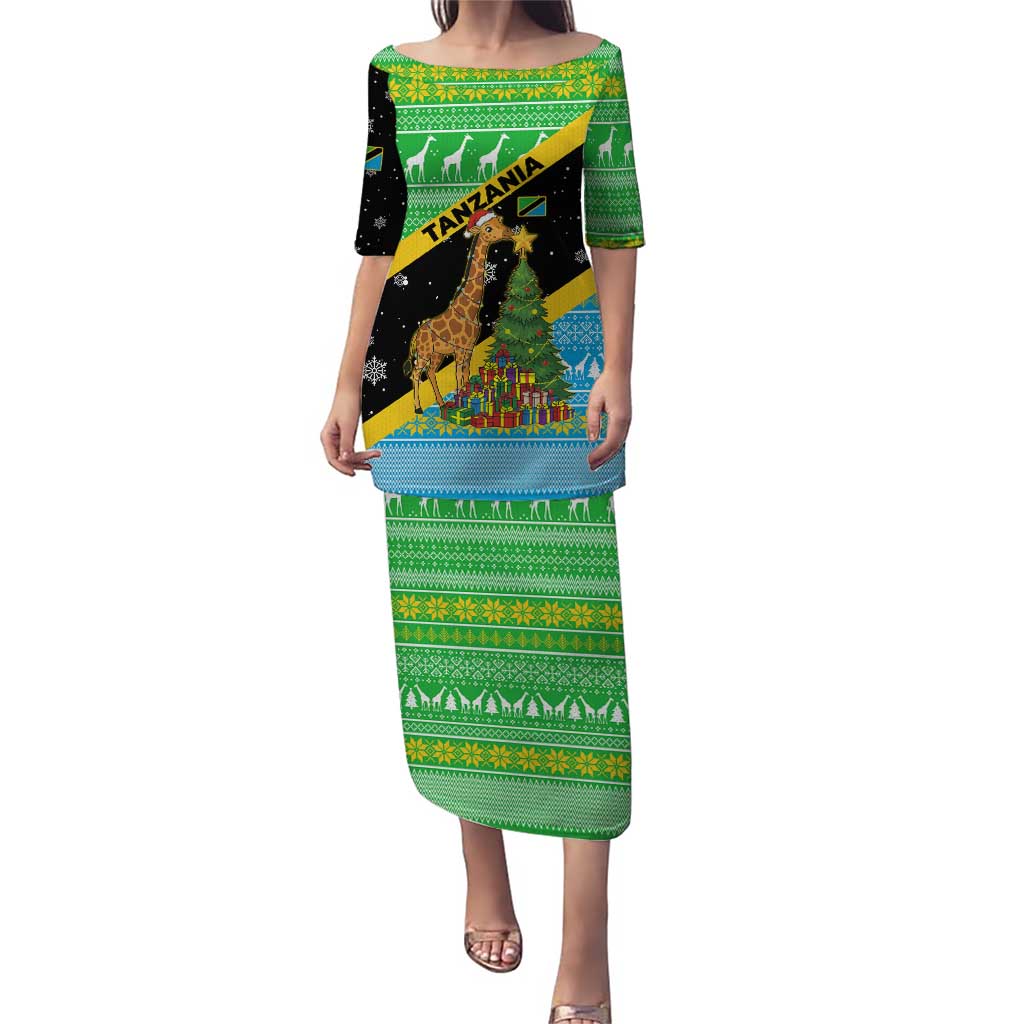 Tanzania Christmas Puletasi with Giraffe Christmas Tree Snowflakes and Flag - Wonder Print Shop