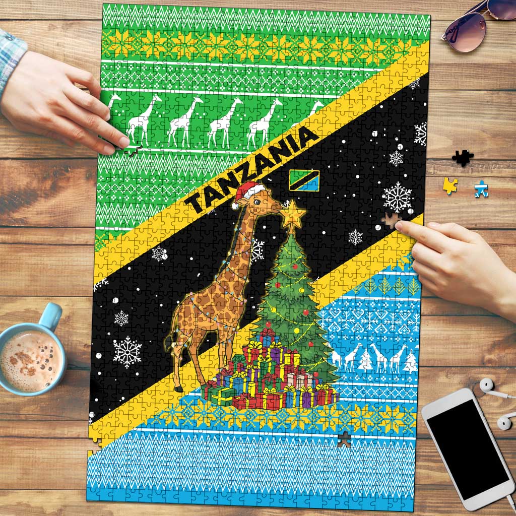Tanzania Christmas Puzzle with Giraffe Christmas Tree Snowflakes and Flag - Wonder Print Shop