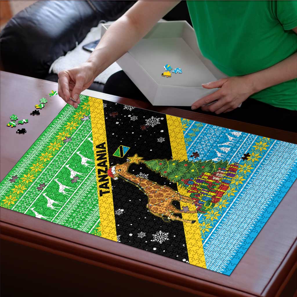 Tanzania Christmas Puzzle with Giraffe Christmas Tree Snowflakes and Flag - Wonder Print Shop