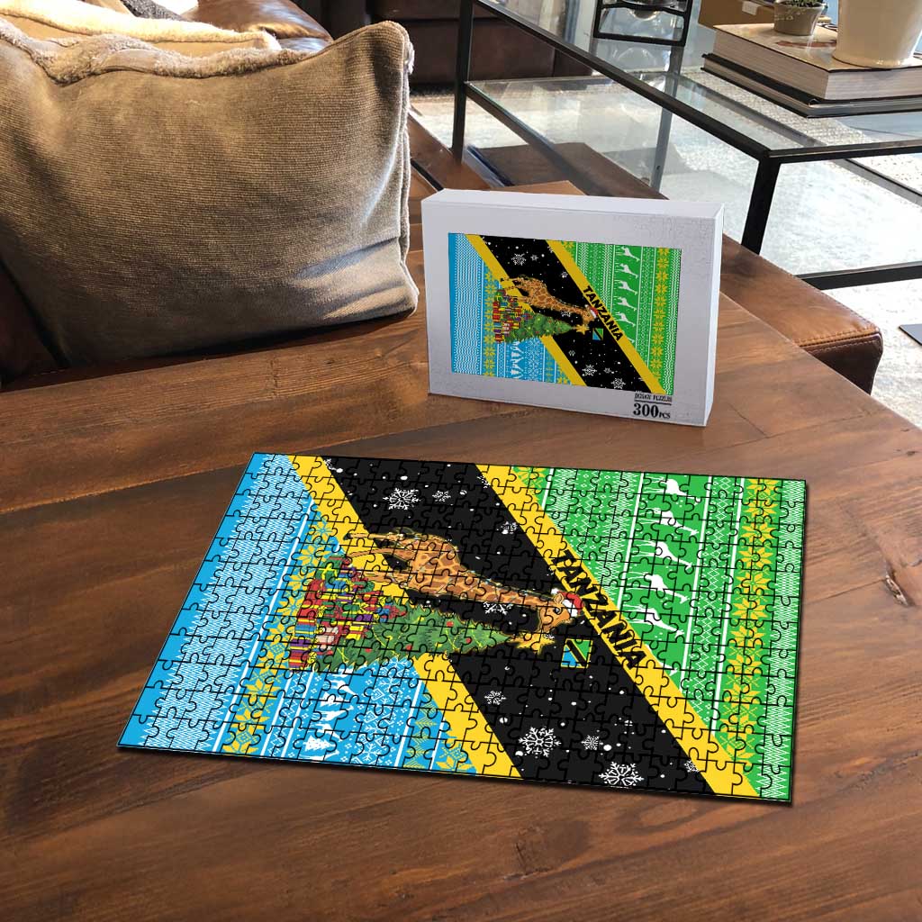 Tanzania Christmas Puzzle with Giraffe Christmas Tree Snowflakes and Flag - Wonder Print Shop