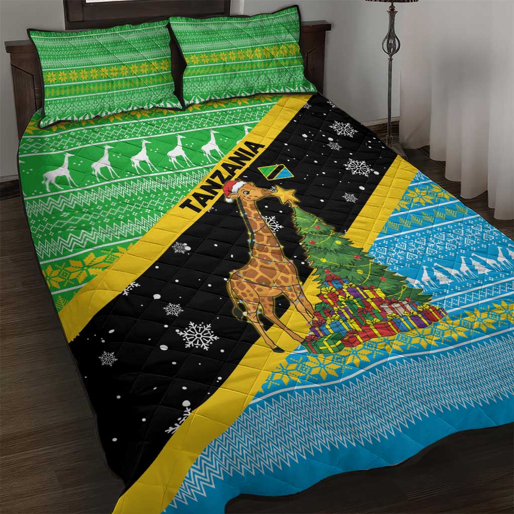 Tanzania Christmas Quilt Bed Set with Giraffe Christmas Tree Snowflakes and Flag - Wonder Print Shop