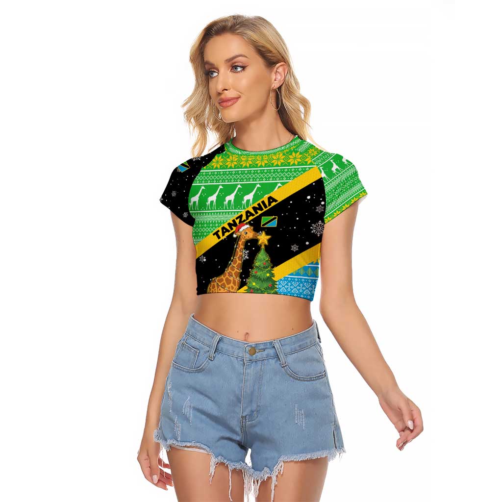 Tanzania Christmas Raglan Cropped T Shirt with Giraffe Christmas Tree Snowflakes and Flag - Wonder Print Shop