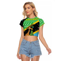 Tanzania Christmas Raglan Cropped T Shirt with Giraffe Christmas Tree Snowflakes and Flag - Wonder Print Shop