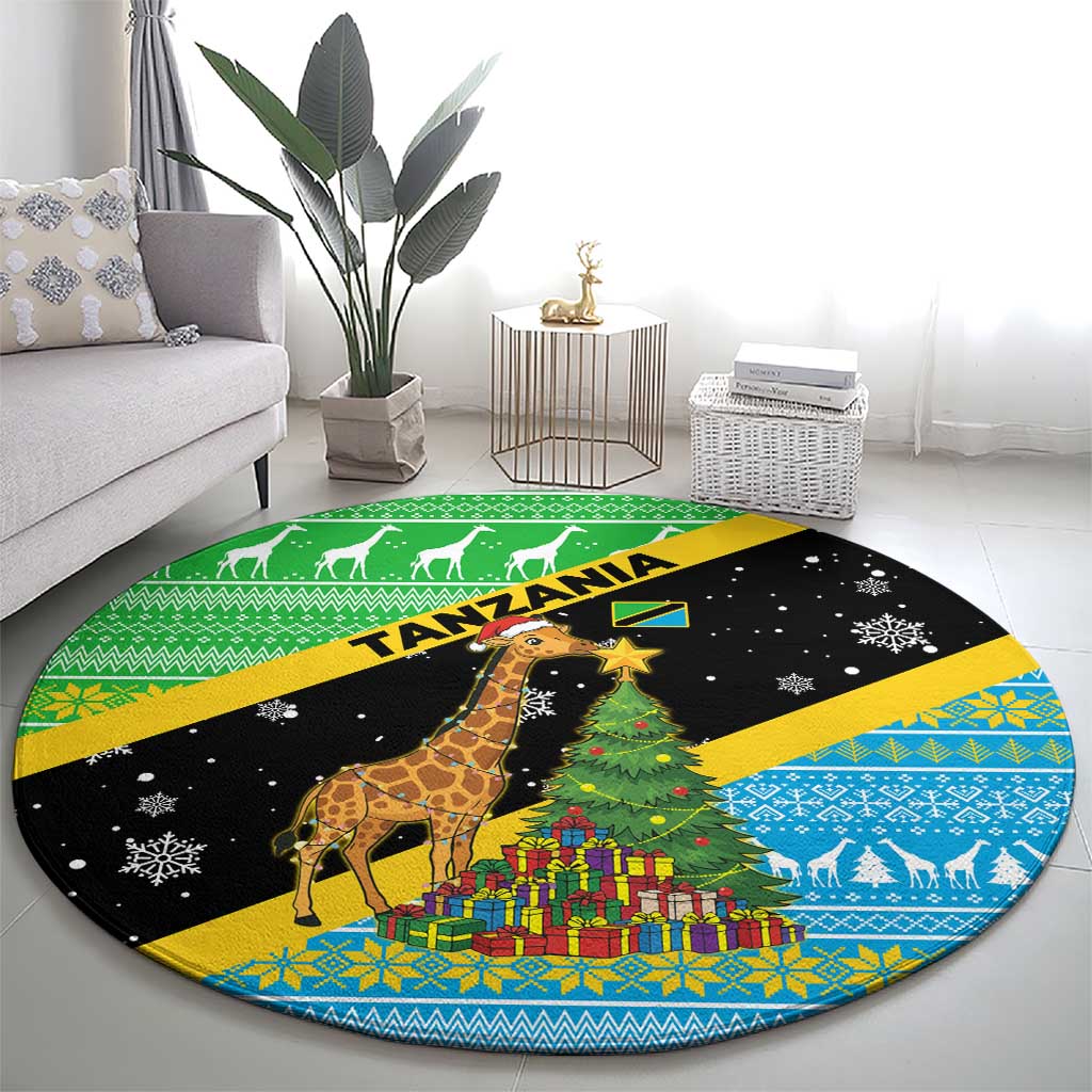 Tanzania Christmas Round Carpet with Giraffe Christmas Tree Snowflakes and Flag - Wonder Print Shop