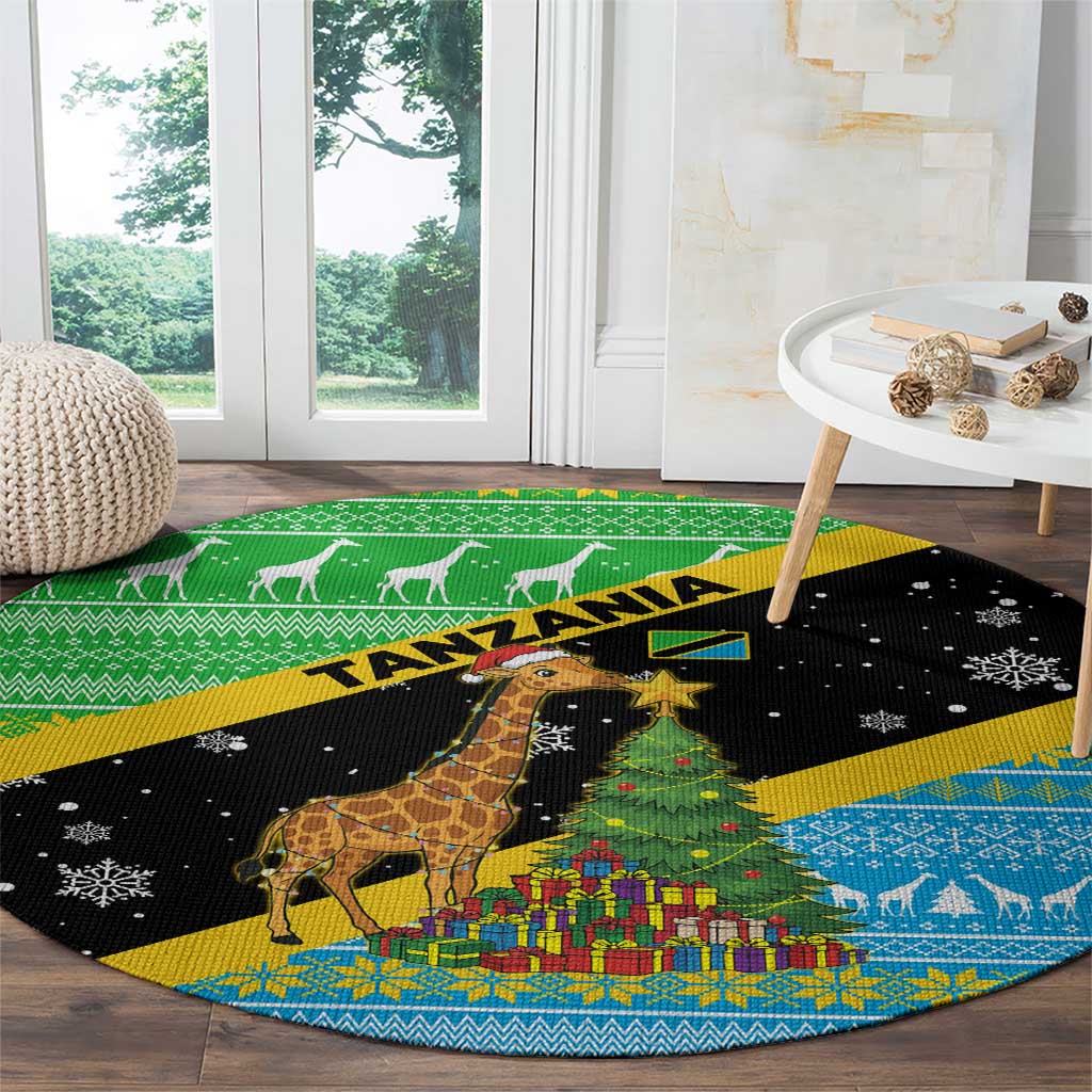 Tanzania Christmas Round Carpet with Giraffe Christmas Tree Snowflakes and Flag - Wonder Print Shop