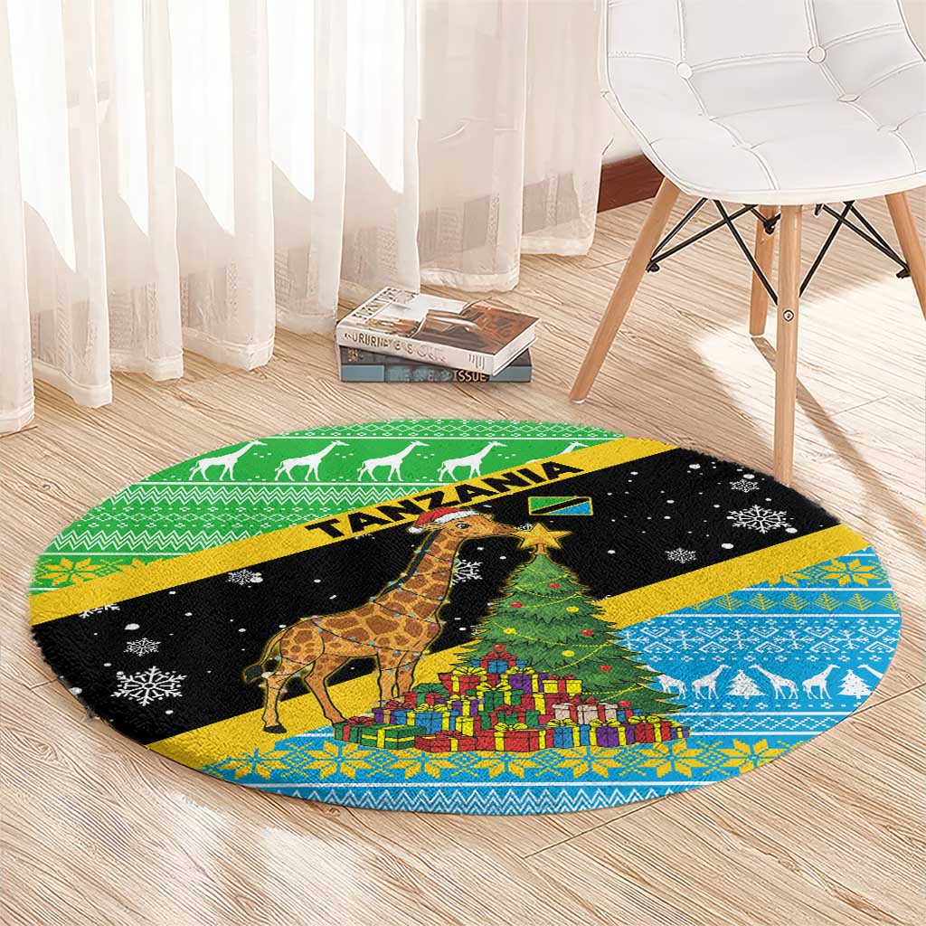 Tanzania Christmas Round Carpet with Giraffe Christmas Tree Snowflakes and Flag - Wonder Print Shop
