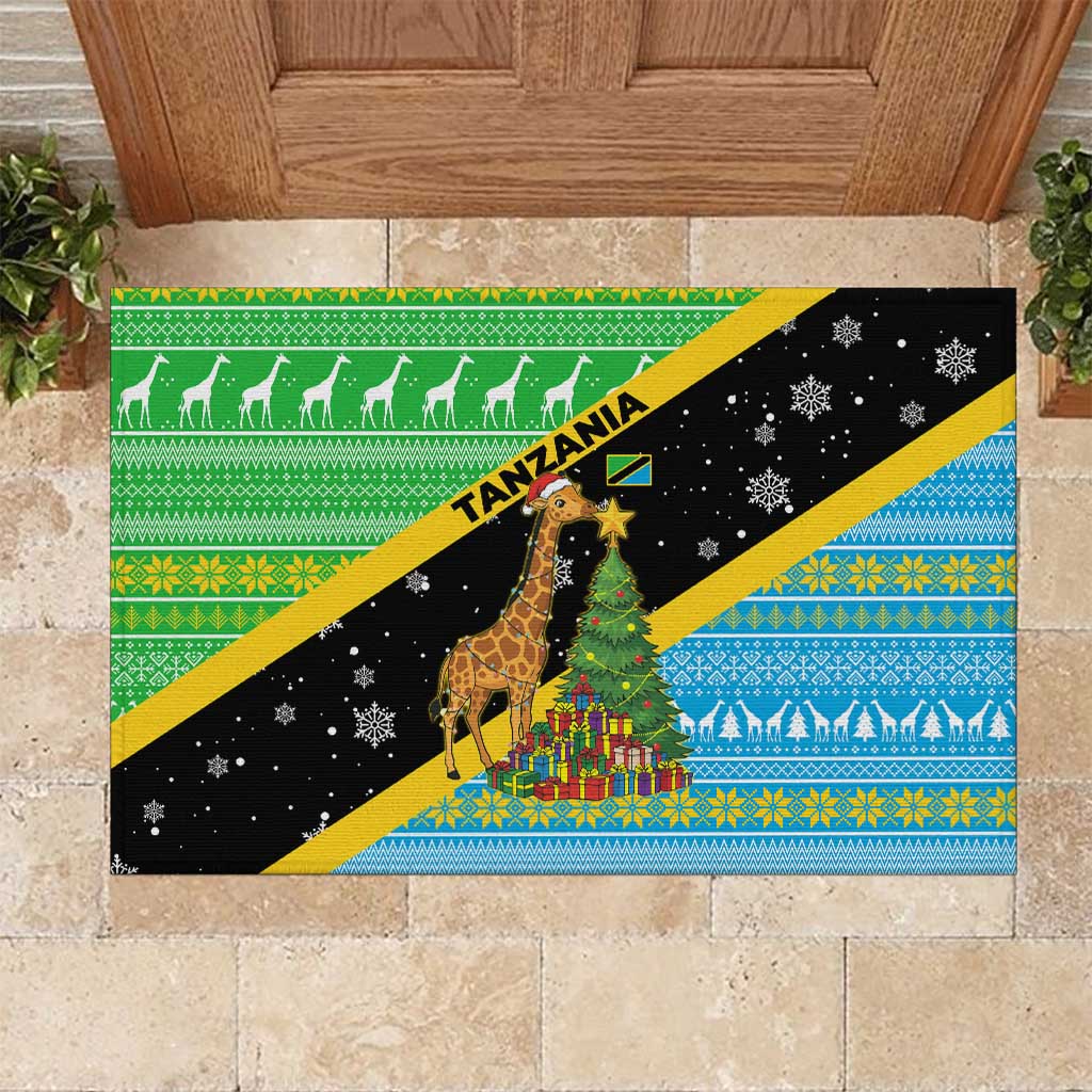 Tanzania Christmas Rubber Doormat with Giraffe Christmas Tree Snowflakes and Flag - Wonder Print Shop