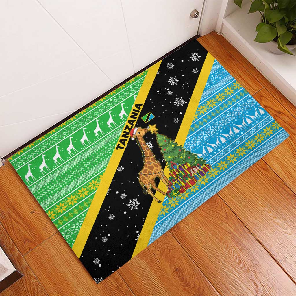 Tanzania Christmas Rubber Doormat with Giraffe Christmas Tree Snowflakes and Flag - Wonder Print Shop