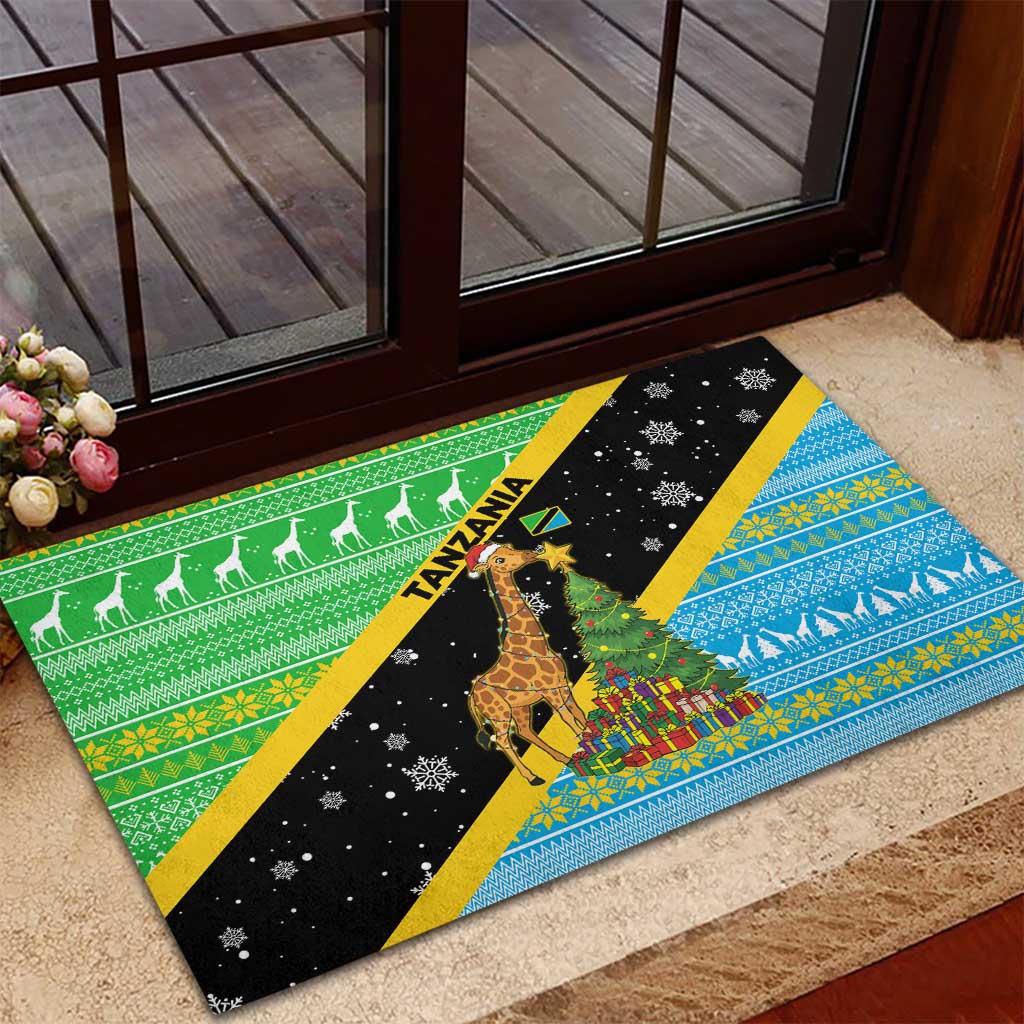 Tanzania Christmas Rubber Doormat with Giraffe Christmas Tree Snowflakes and Flag - Wonder Print Shop
