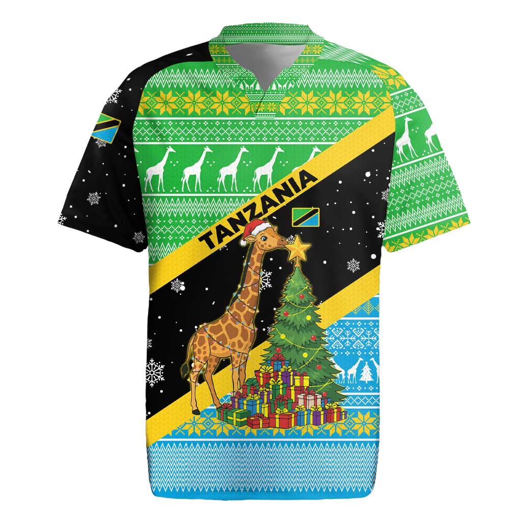 Tanzania Christmas Rugby Jersey with Giraffe Christmas Tree Snowflakes and Flag - Wonder Print Shop