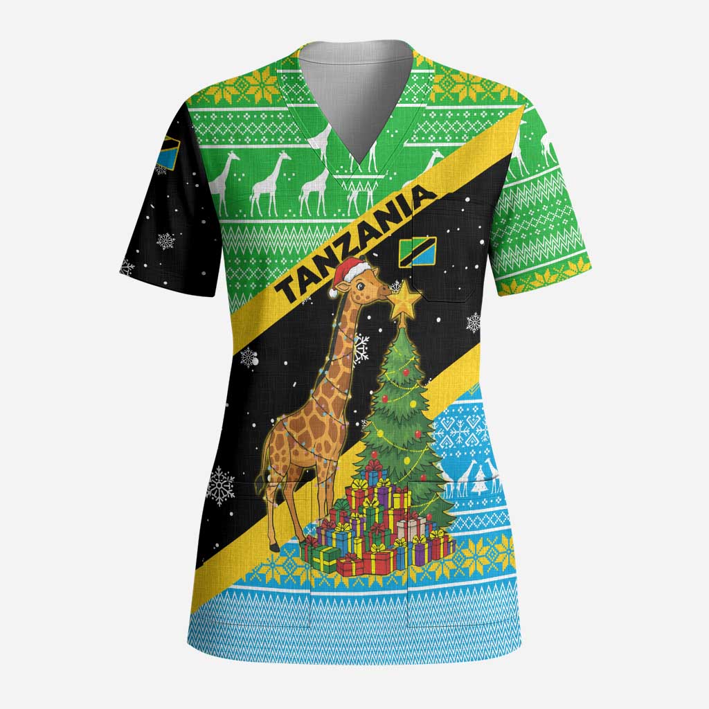 Tanzania Christmas Scrub Top with Giraffe Christmas Tree Snowflakes and Flag - Wonder Print Shop