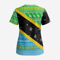 Tanzania Christmas Scrub Top with Giraffe Christmas Tree Snowflakes and Flag - Wonder Print Shop