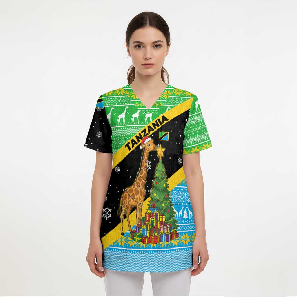 Tanzania Christmas Scrub Top with Giraffe Christmas Tree Snowflakes and Flag - Wonder Print Shop
