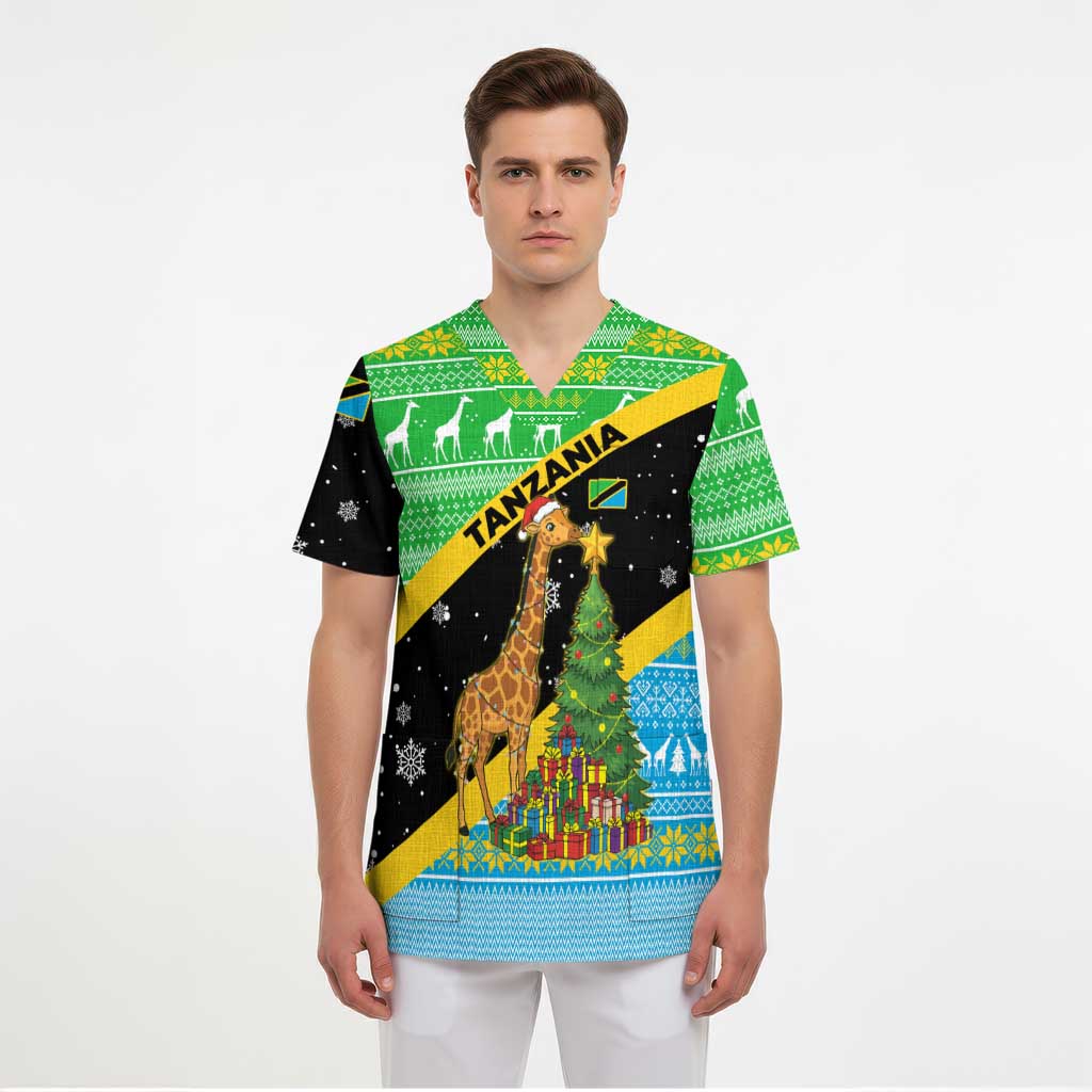 Tanzania Christmas Scrub Top with Giraffe Christmas Tree Snowflakes and Flag - Wonder Print Shop