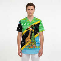 Tanzania Christmas Scrub Top with Giraffe Christmas Tree Snowflakes and Flag - Wonder Print Shop