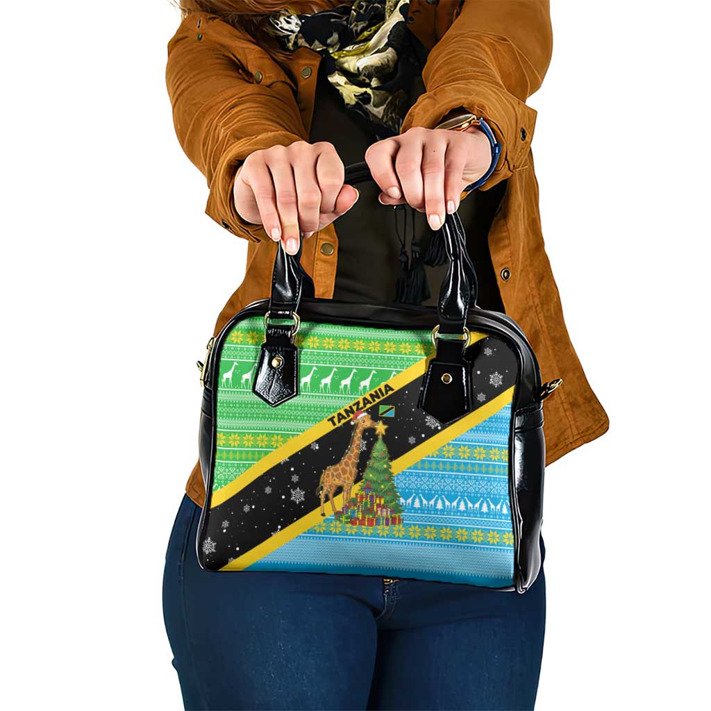 Tanzania Christmas Shoulder Handbag with Giraffe Christmas Tree Snowflakes and Flag - Wonder Print Shop