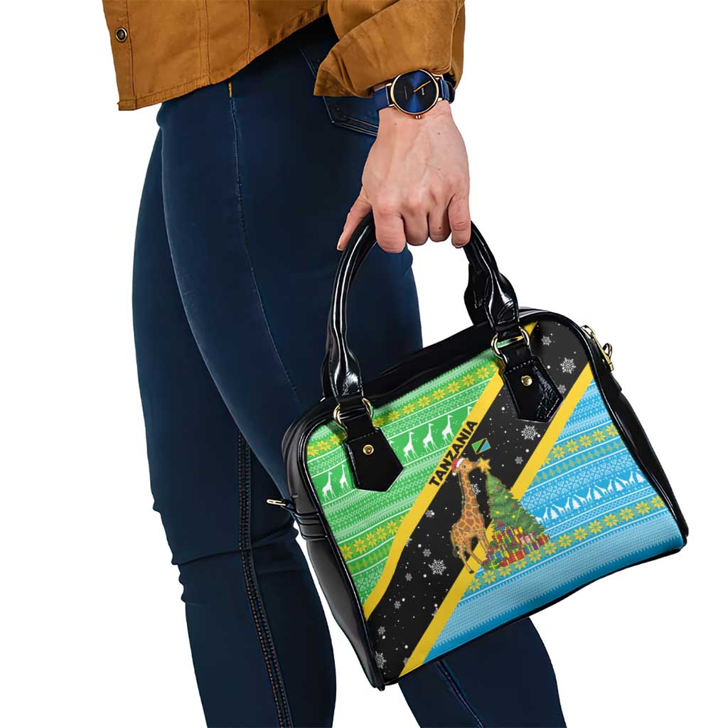 Tanzania Christmas Shoulder Handbag with Giraffe Christmas Tree Snowflakes and Flag - Wonder Print Shop
