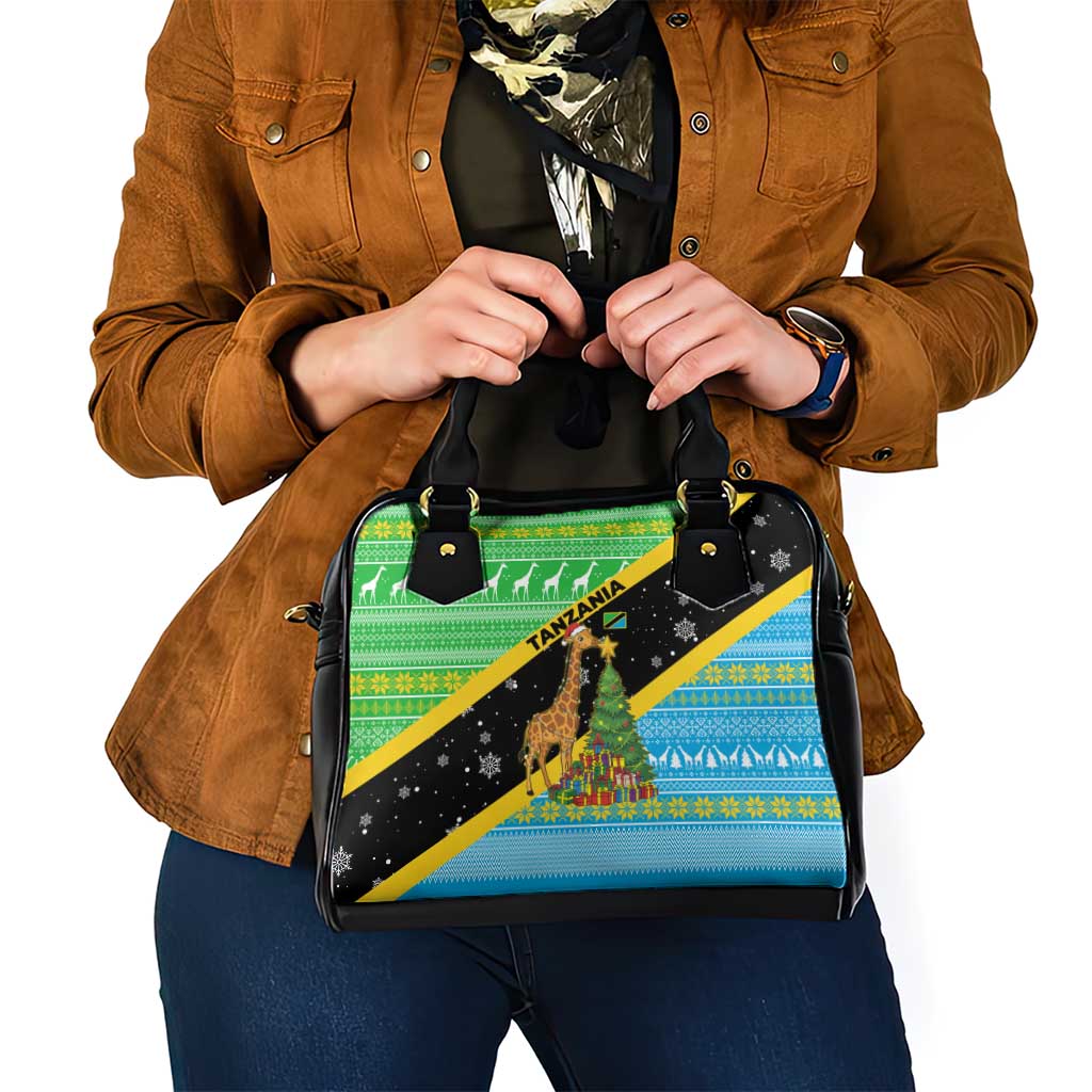 Tanzania Christmas Shoulder Handbag with Giraffe Christmas Tree Snowflakes and Flag - Wonder Print Shop