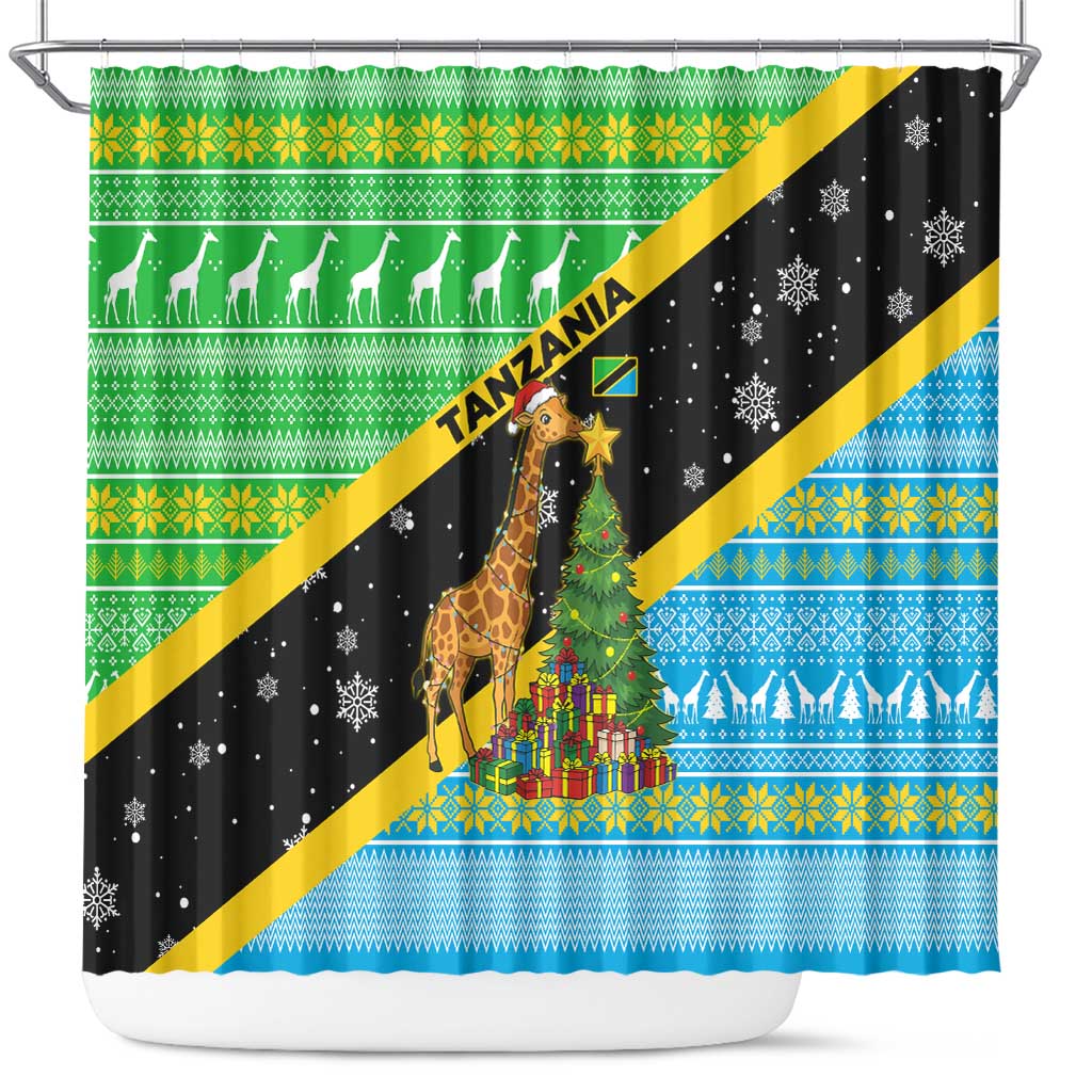 Tanzania Christmas Shower Curtain with Giraffe Christmas Tree Snowflakes and Flag - Wonder Print Shop