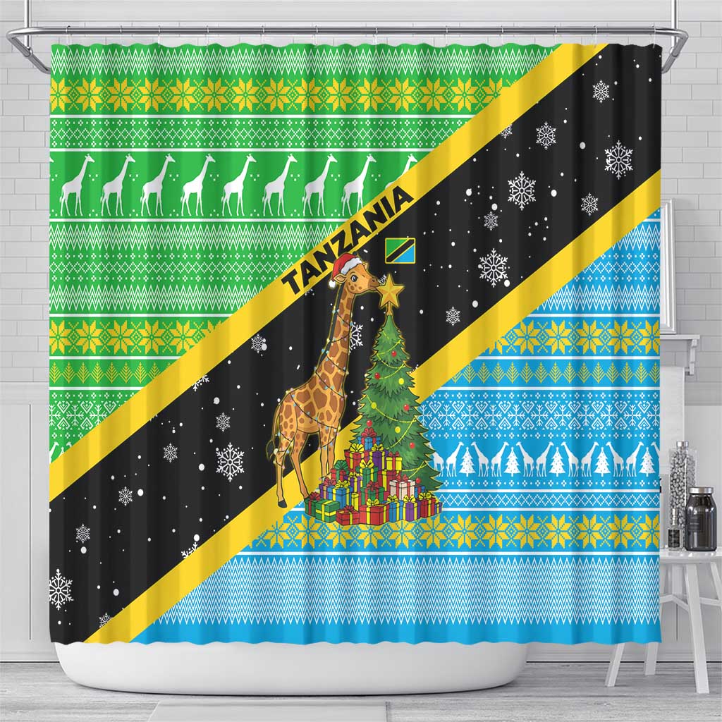 Tanzania Christmas Shower Curtain with Giraffe Christmas Tree Snowflakes and Flag - Wonder Print Shop