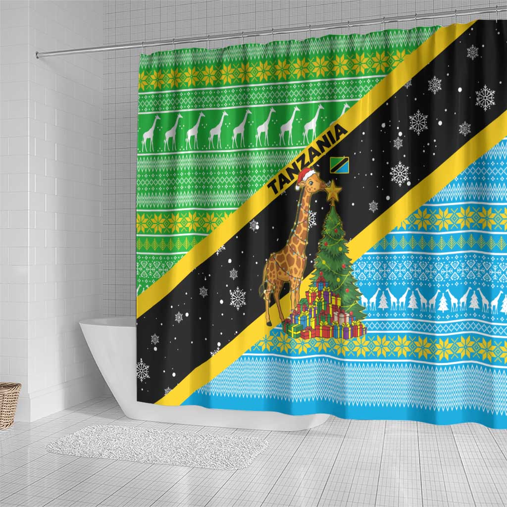 Tanzania Christmas Shower Curtain with Giraffe Christmas Tree Snowflakes and Flag - Wonder Print Shop