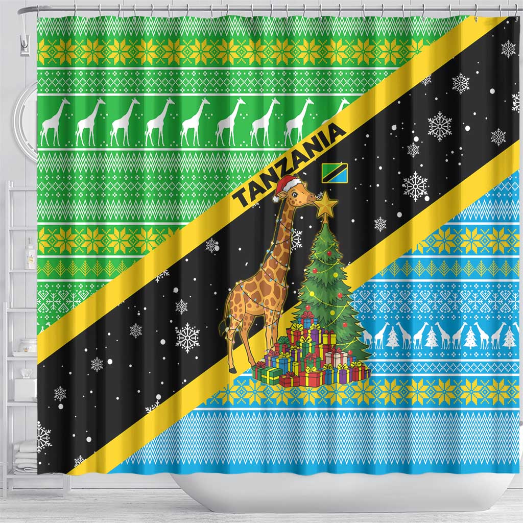 Tanzania Christmas Shower Curtain with Giraffe Christmas Tree Snowflakes and Flag - Wonder Print Shop