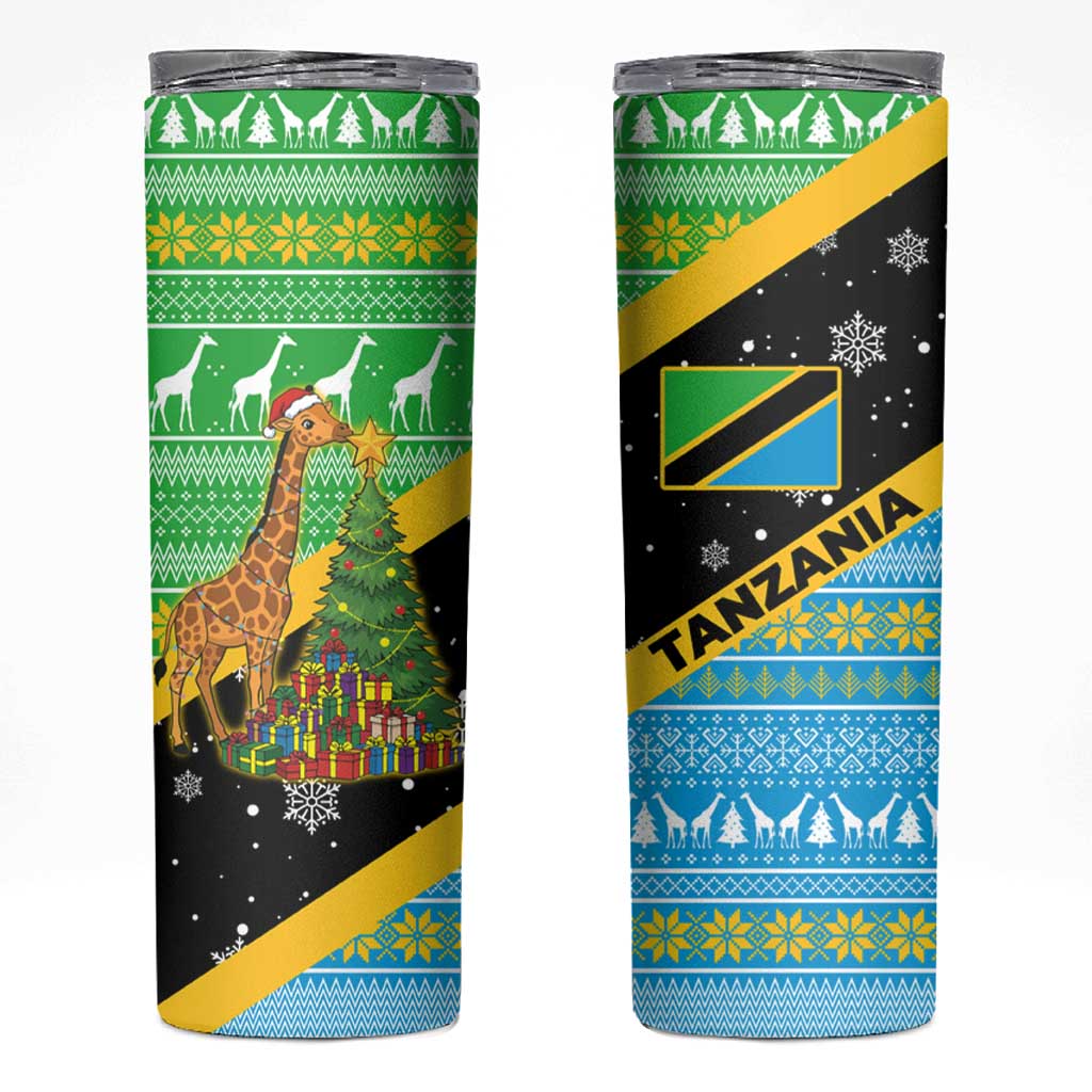 Tanzania Christmas Skinny Tumbler with Giraffe Christmas Tree Snowflakes and Flag - Wonder Print Shop
