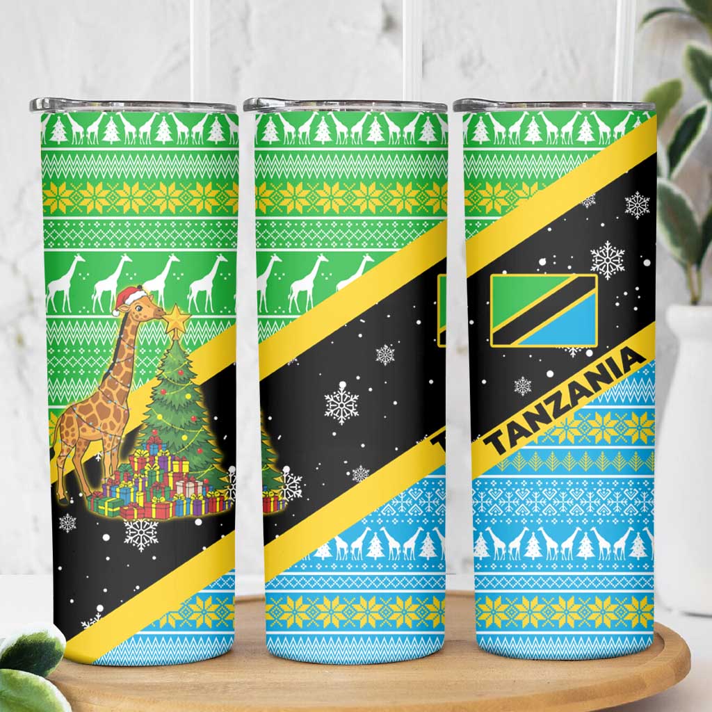 Tanzania Christmas Skinny Tumbler with Giraffe Christmas Tree Snowflakes and Flag - Wonder Print Shop