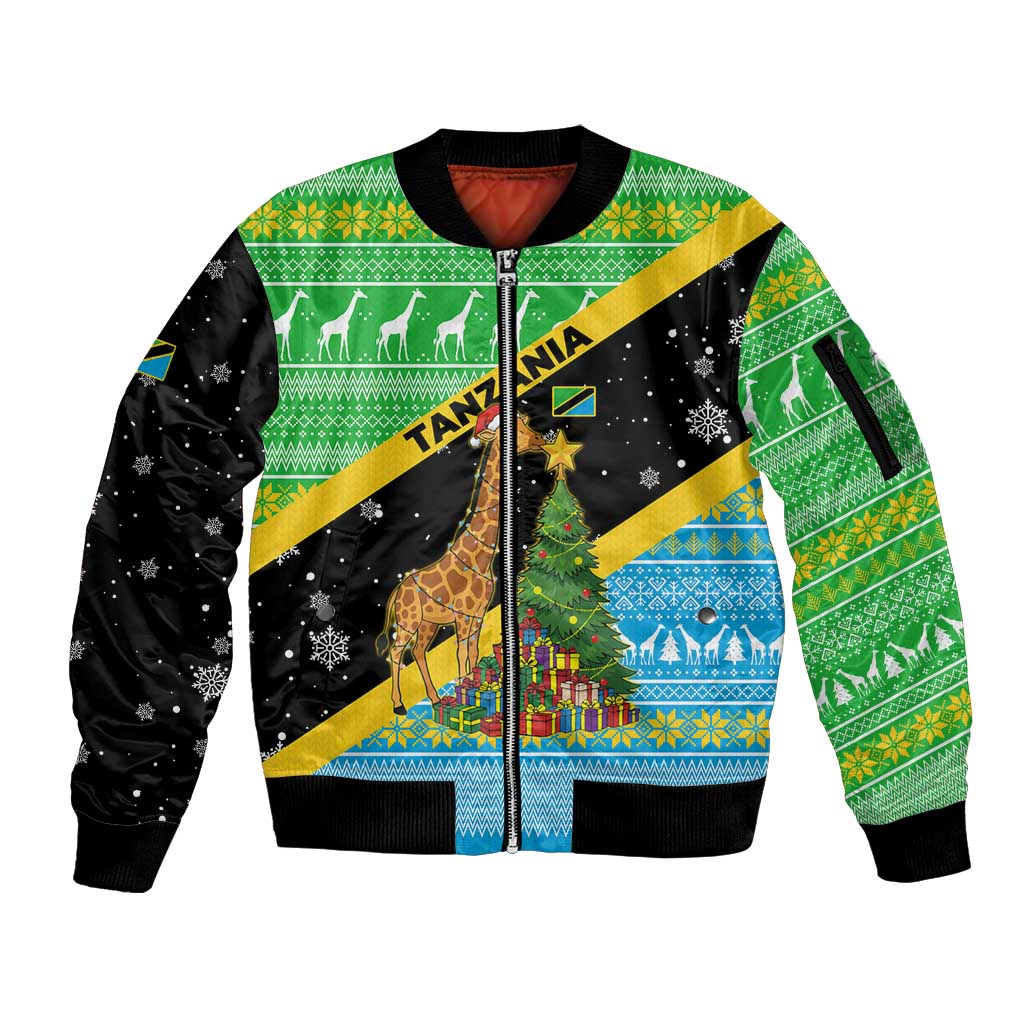 Tanzania Christmas Sleeve Zip Bomber Jacket with Giraffe Christmas Tree Snowflakes and Flag - Wonder Print Shop