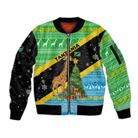 Tanzania Christmas Sleeve Zip Bomber Jacket with Giraffe Christmas Tree Snowflakes and Flag - Wonder Print Shop