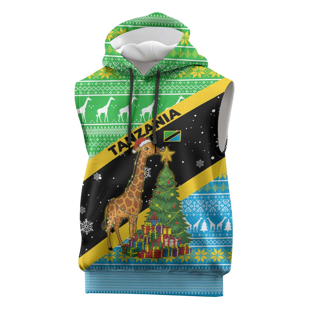 Tanzania Christmas Sleeveless Hoodie with Giraffe Christmas Tree Snowflakes and Flag - Wonder Print Shop