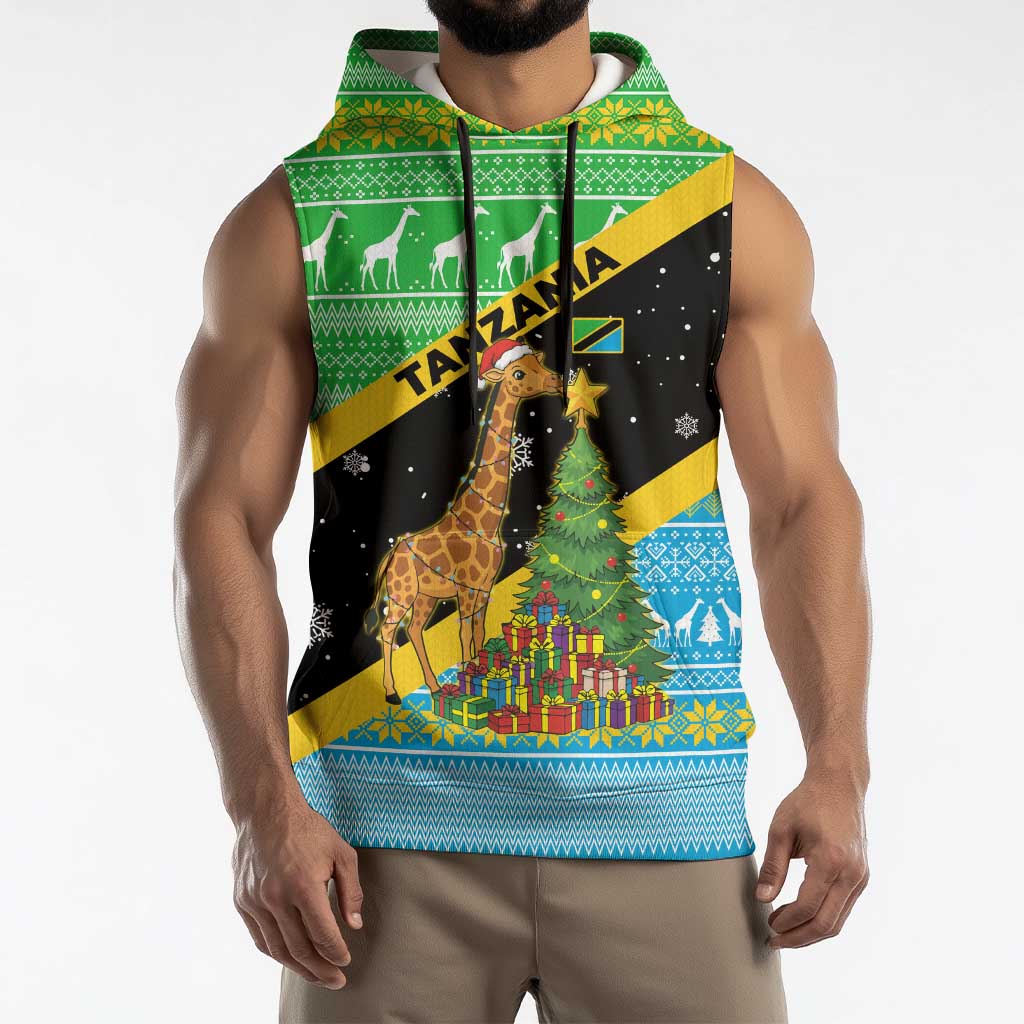 Tanzania Christmas Sleeveless Hoodie with Giraffe Christmas Tree Snowflakes and Flag - Wonder Print Shop