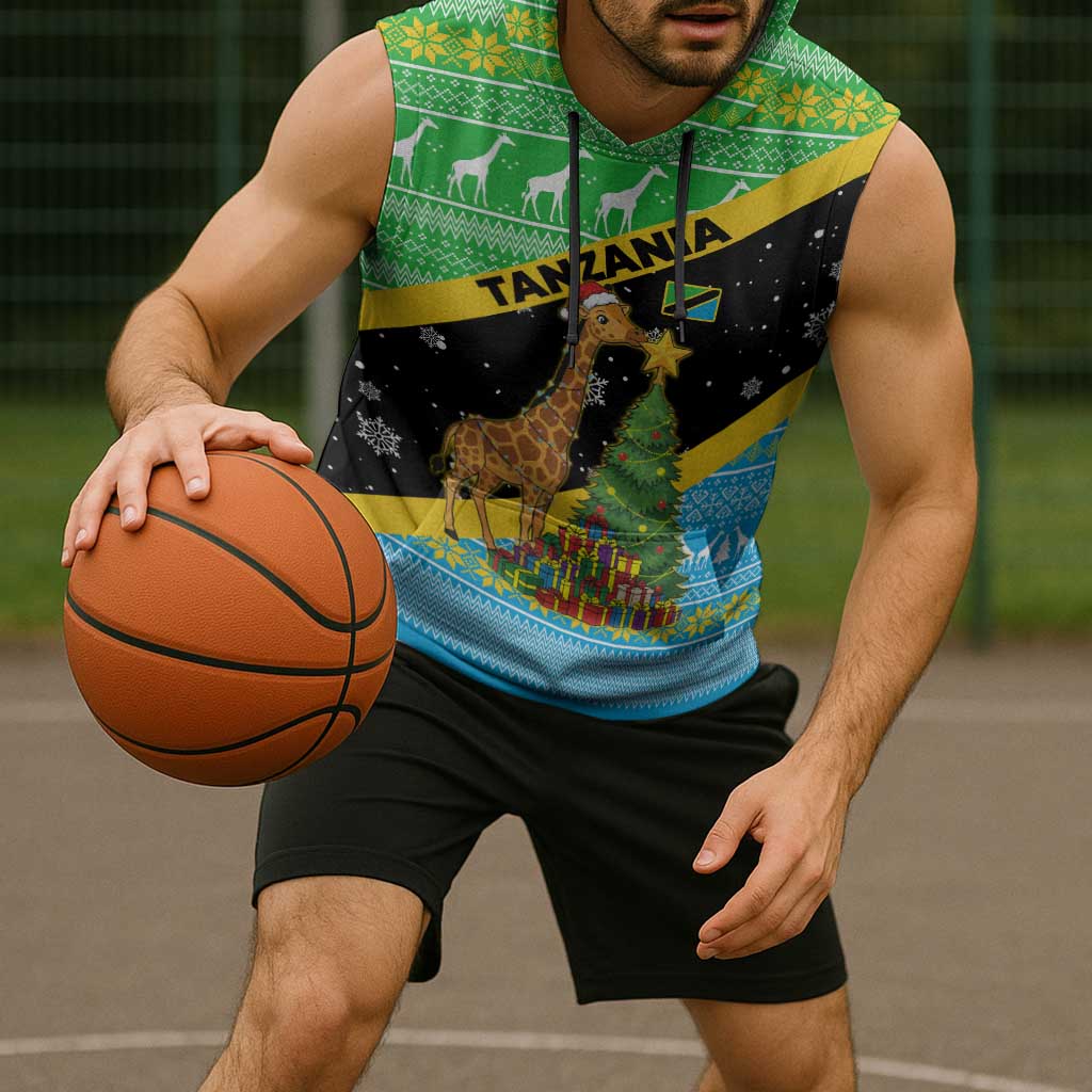 Tanzania Christmas Sleeveless Hoodie with Giraffe Christmas Tree Snowflakes and Flag - Wonder Print Shop