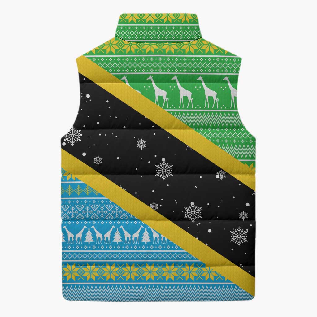 Tanzania Christmas Sleeveless Puffer Jacket with Giraffe Christmas Tree Snowflakes and Flag - Wonder Print Shop