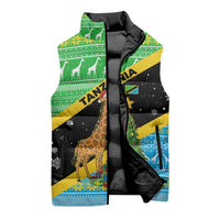 Tanzania Christmas Sleeveless Puffer Jacket with Giraffe Christmas Tree Snowflakes and Flag - Wonder Print Shop