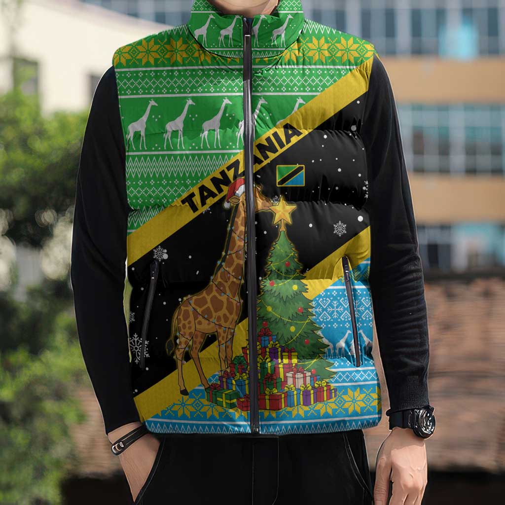 Tanzania Christmas Sleeveless Puffer Jacket with Giraffe Christmas Tree Snowflakes and Flag - Wonder Print Shop
