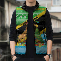 Tanzania Christmas Sleeveless Puffer Jacket with Giraffe Christmas Tree Snowflakes and Flag - Wonder Print Shop