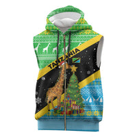 Tanzania Christmas Sleeveless Zip Hoodie with Giraffe Christmas Tree Snowflakes and Flag - Wonder Print Shop