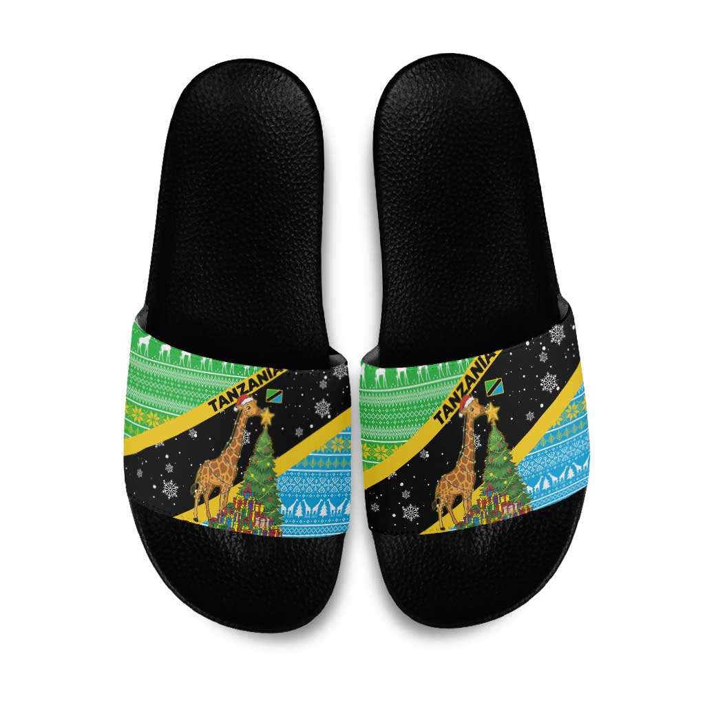 Tanzania Christmas Slide Sandals with Giraffe Christmas Tree Snowflakes and Flag - Wonder Print Shop