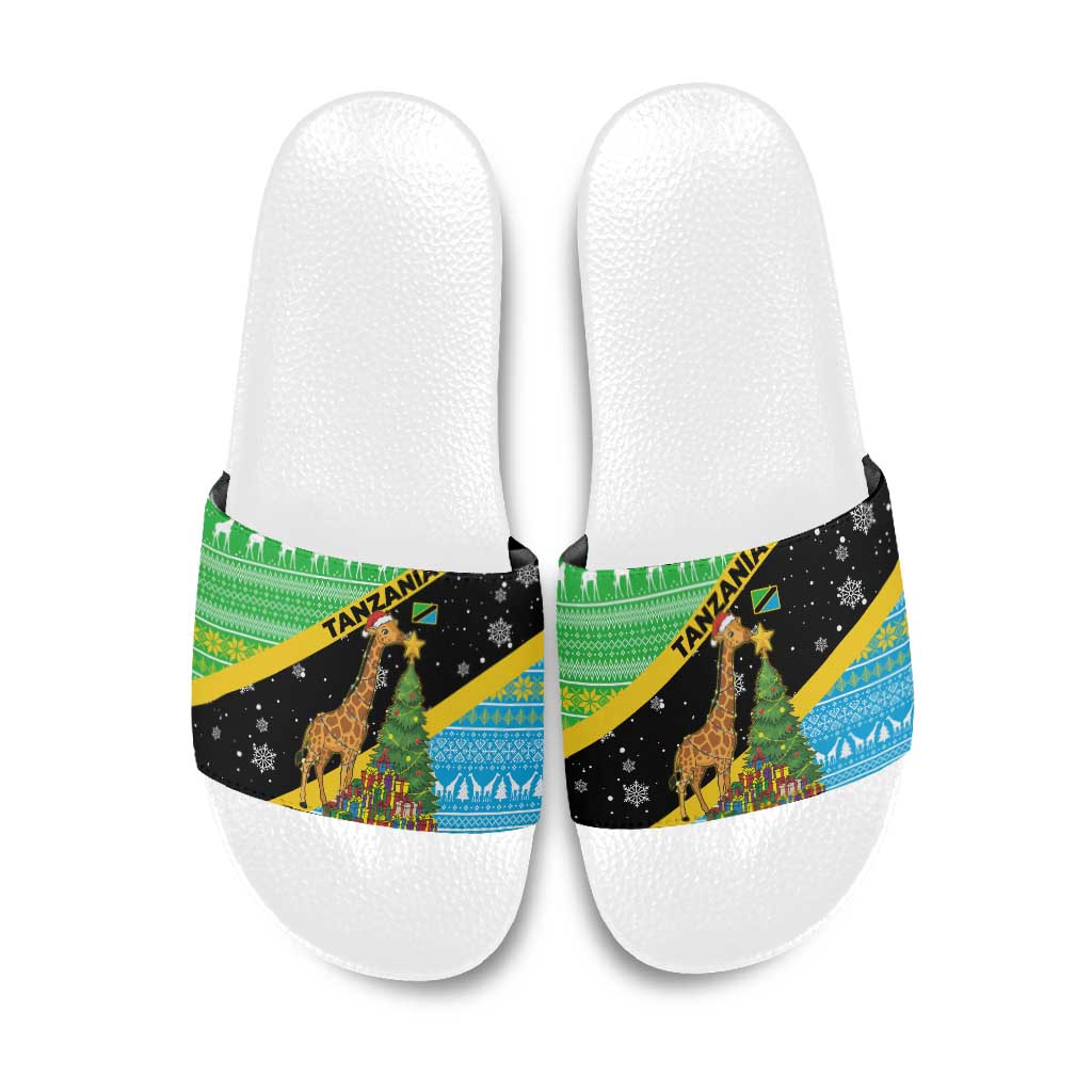 Tanzania Christmas Slide Sandals with Giraffe Christmas Tree Snowflakes and Flag - Wonder Print Shop