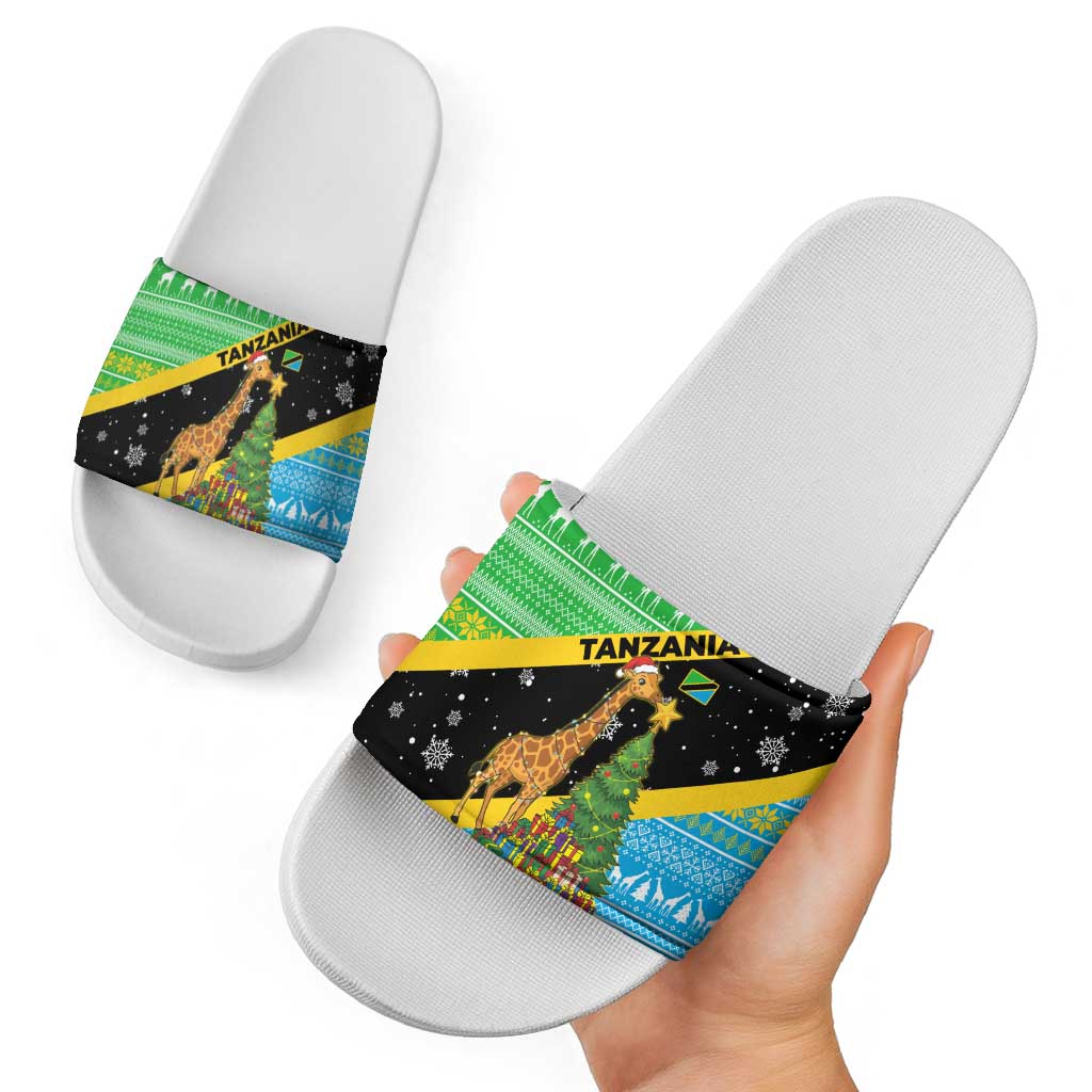 Tanzania Christmas Slide Sandals with Giraffe Christmas Tree Snowflakes and Flag - Wonder Print Shop