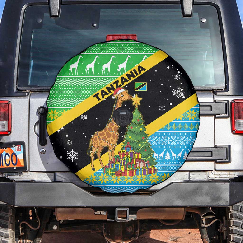 Tanzania Christmas Spare Tire Cover with Giraffe Christmas Tree Snowflakes and Flag - Wonder Print Shop