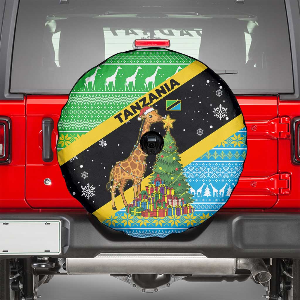 Tanzania Christmas Spare Tire Cover with Giraffe Christmas Tree Snowflakes and Flag - Wonder Print Shop