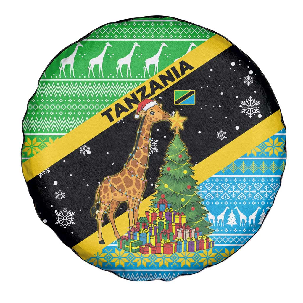 Tanzania Christmas Spare Tire Cover with Giraffe Christmas Tree Snowflakes and Flag - Wonder Print Shop