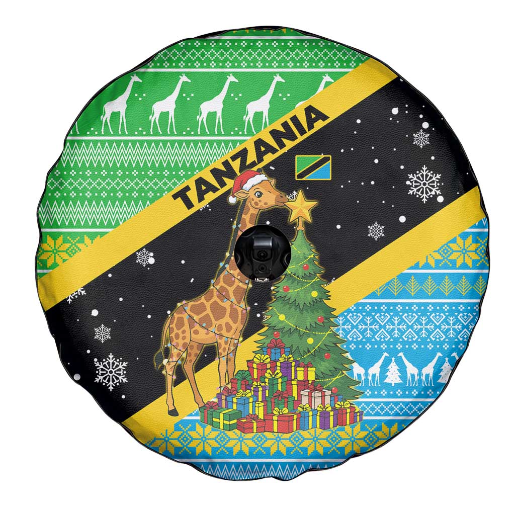 Tanzania Christmas Spare Tire Cover with Giraffe Christmas Tree Snowflakes and Flag - Wonder Print Shop