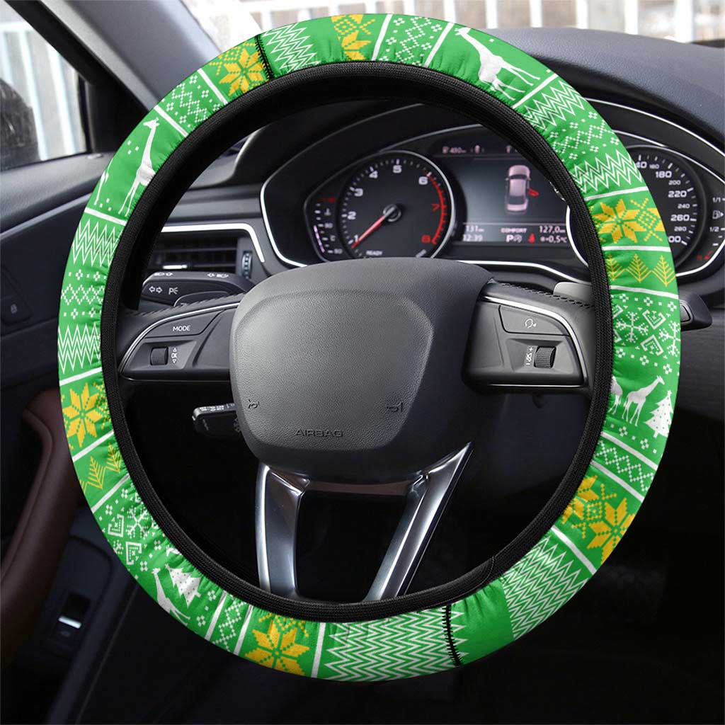 Tanzania Christmas Steering Wheel Cover with Giraffe Christmas Tree Snowflakes and Flag - Wonder Print Shop
